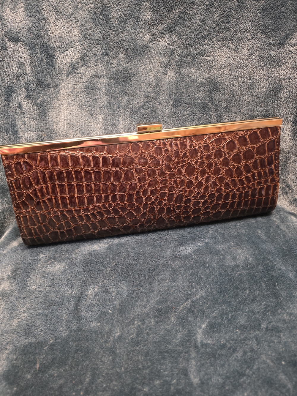La Regale Brown Croc-Embossed Clutch with Gold Trim